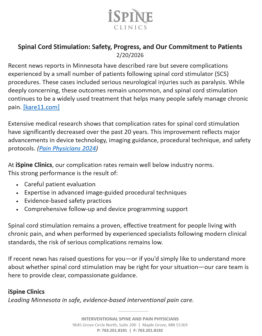 iSpine Clinics SCS letter 2026